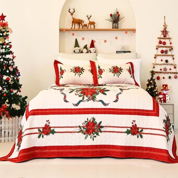 NEW! Quilt Christmas Theme Bedding Set with Pillow Shams Reversible Red Floral - Picture 3 of 8